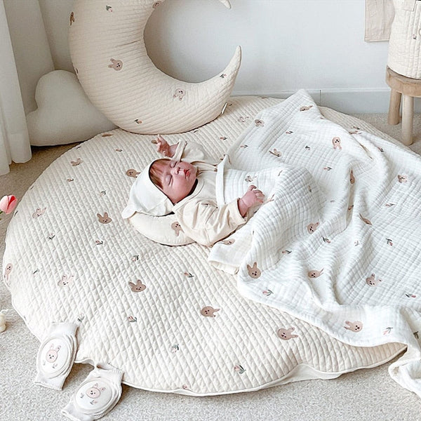 Gevoerde Baby-Krabbelmat van Katoen met Diermotief Borduursel – 80 cm