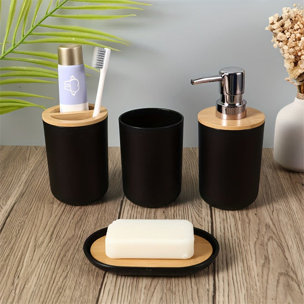 Badkamer Accessoires Set met Bamboe Deksel – 4-delige Set voor Badkamerdecor