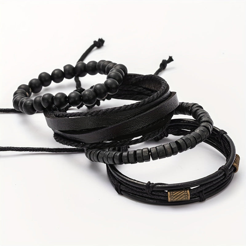 Stijlvolle Leren en Houten Armbanden Set - Voor de Moderne Man