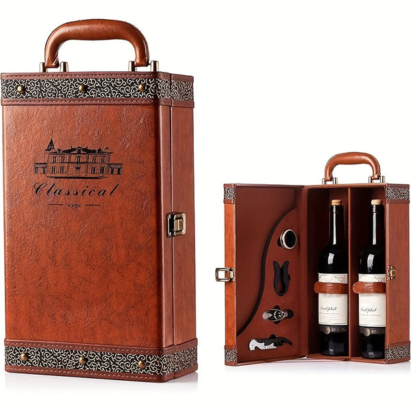 Classic 2-Flessen Wijndrager met Accessoires – Draagbare Cadeaubox