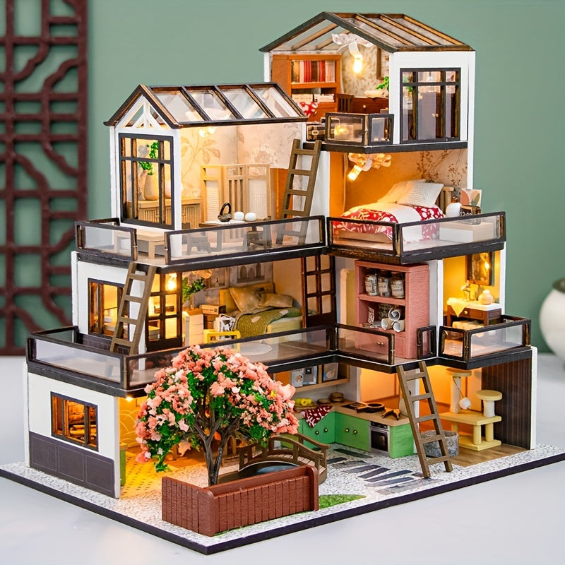 Miniatuur Villa 3D Puzzel Kit – Handgemaakt Model met LED Verlichting en Gedetailleerd Interieur
