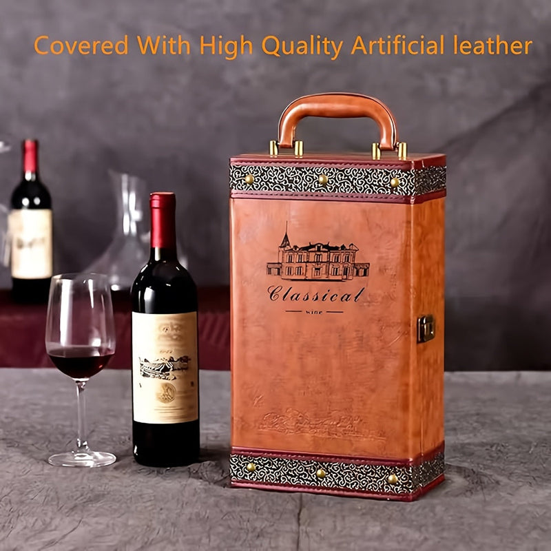 Classic 2-Flessen Wijndrager met Accessoires – Draagbare Cadeaubox