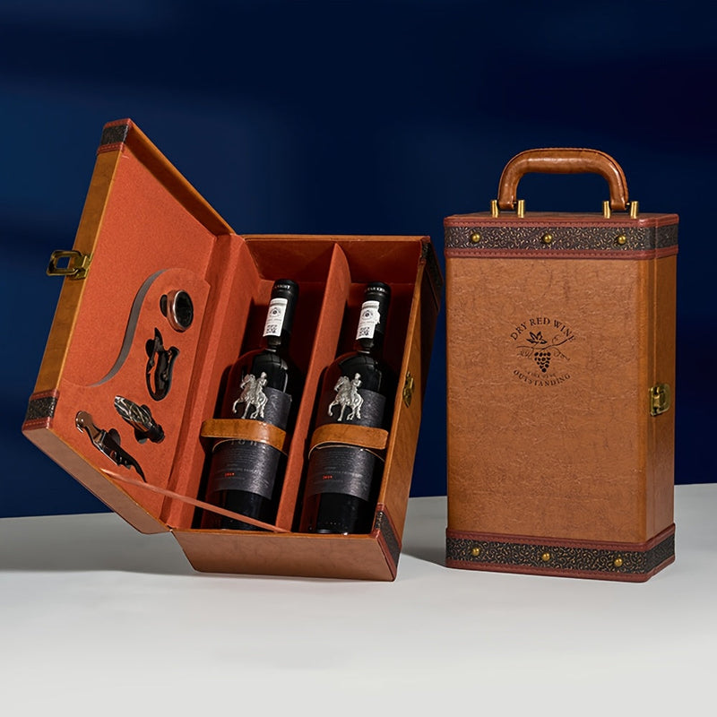 Classic 2-Flessen Wijndrager met Accessoires – Draagbare Cadeaubox