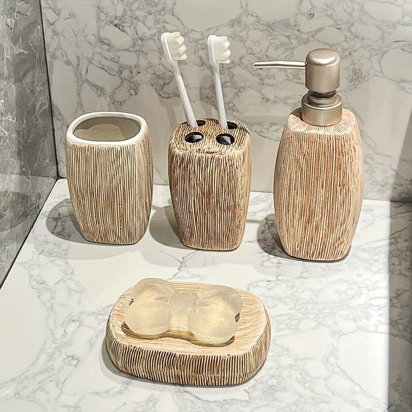 Houtnerf Stijl Keramische Badkamer Set – Luxe Accessoires voor een Natuurlijke Touch in je Badkamer
