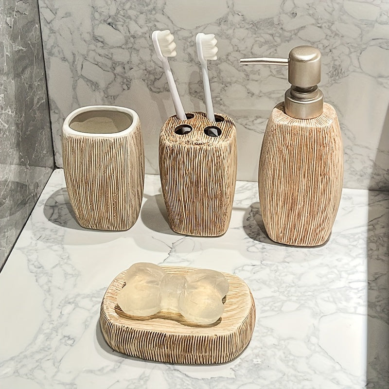 Houtnerf Stijl Keramische Badkamer Set – Luxe Accessoires voor een Natuurlijke Touch in je Badkamer