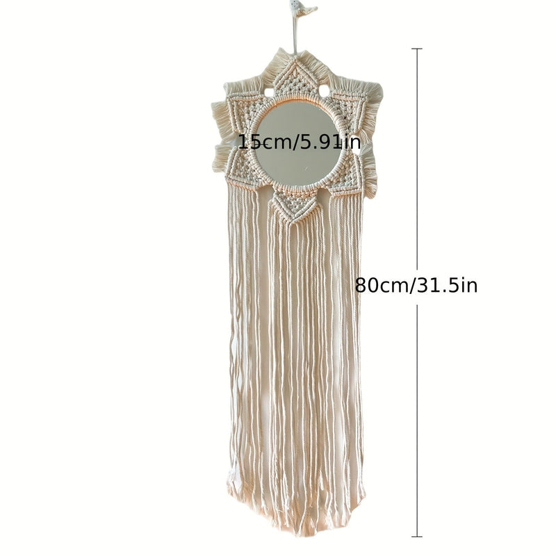 Boho Macramé Wandspiegel met Franjes – Decoratieve Spiegel met Kralen en Veren