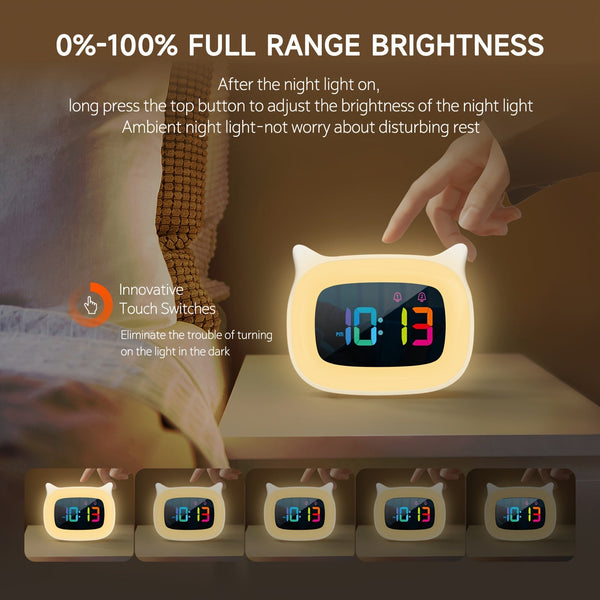 Schattige Kat-oortjes Wekker – RGB Nachtlampje met 18 Melodieën en USB Oplaadbaar