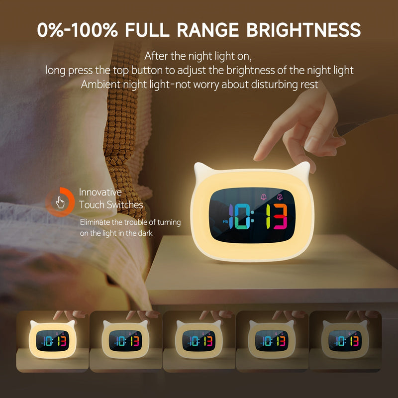 Schattige Kat-oortjes Wekker – RGB Nachtlampje met 18 Melodieën en USB Oplaadbaar