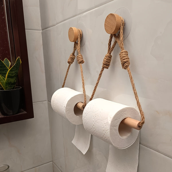 Rustieke Toiletpapierhouder – Macramé Touw en Houten Stok voor Badkamer
