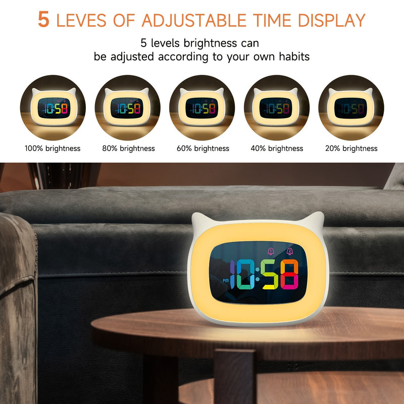 Schattige Kat-oortjes Wekker – RGB Nachtlampje met 18 Melodieën en USB Oplaadbaar