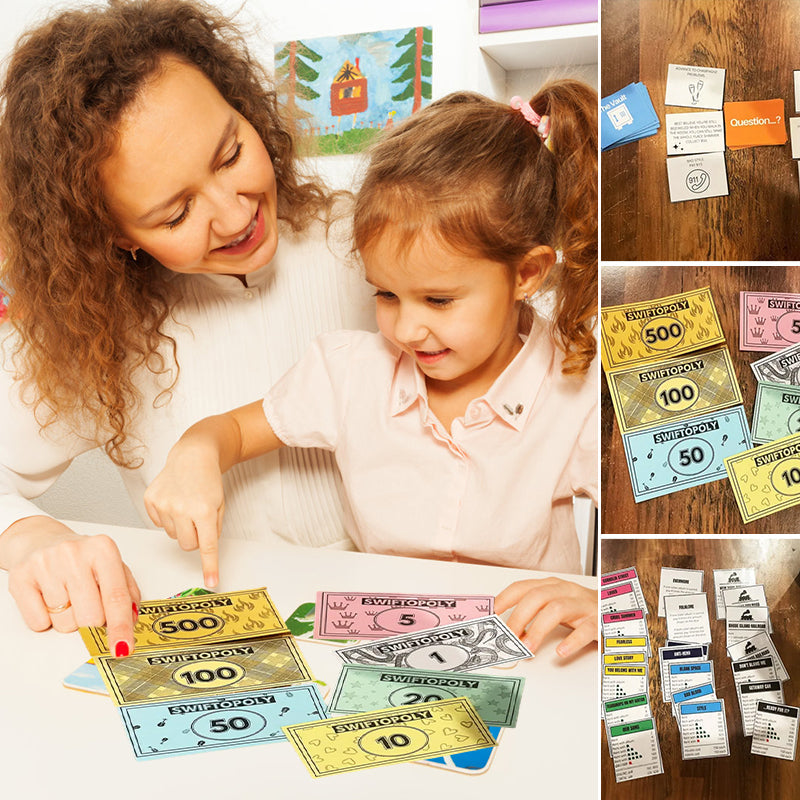 Muziekgebaseerd bordspel met songkaarten en Monopoly-geld voor spelavonden