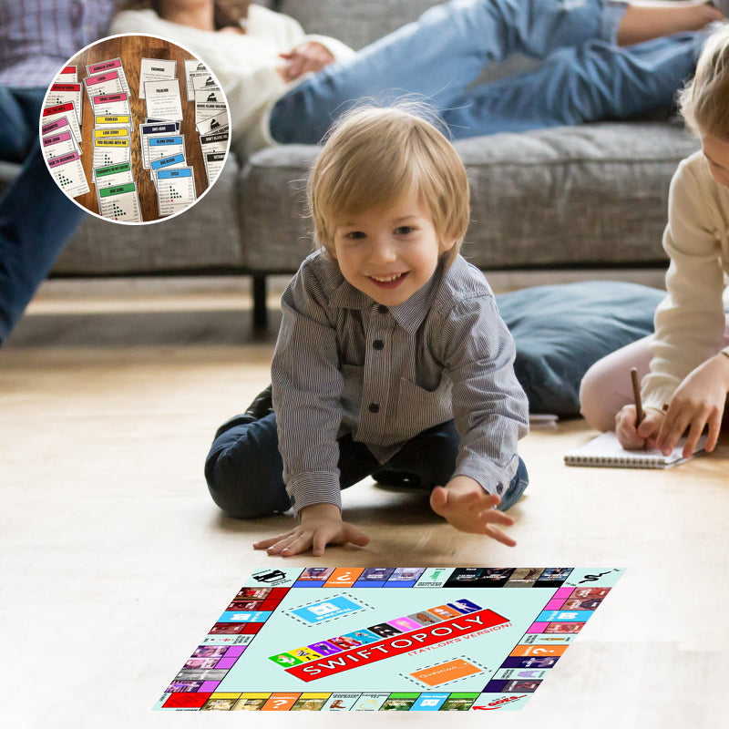 Muziekgebaseerd bordspel met songkaarten en Monopoly-geld voor spelavonden