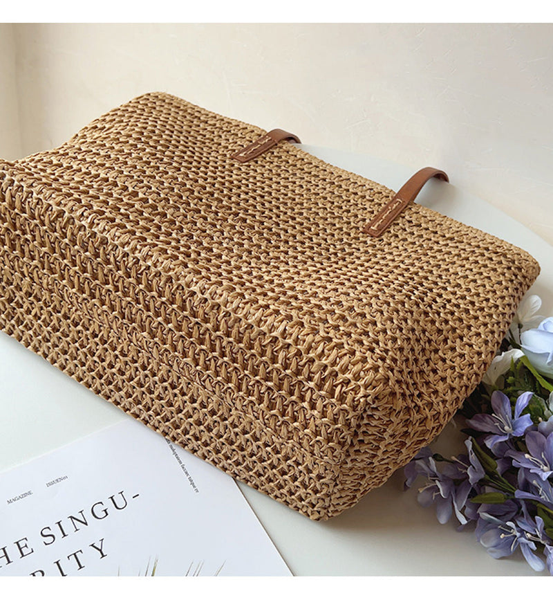 Geweven Korbtas met Leren Handvatten – SummerBreeze Tote