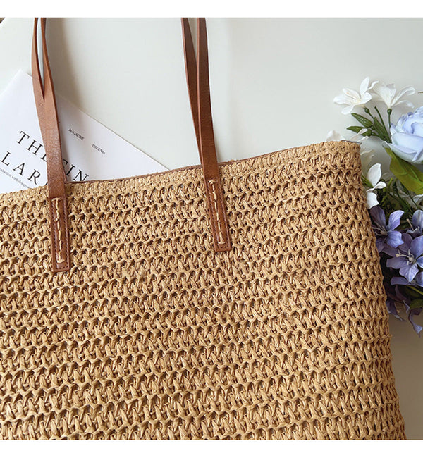 Geweven Korbtas met Leren Handvatten – SummerBreeze Tote