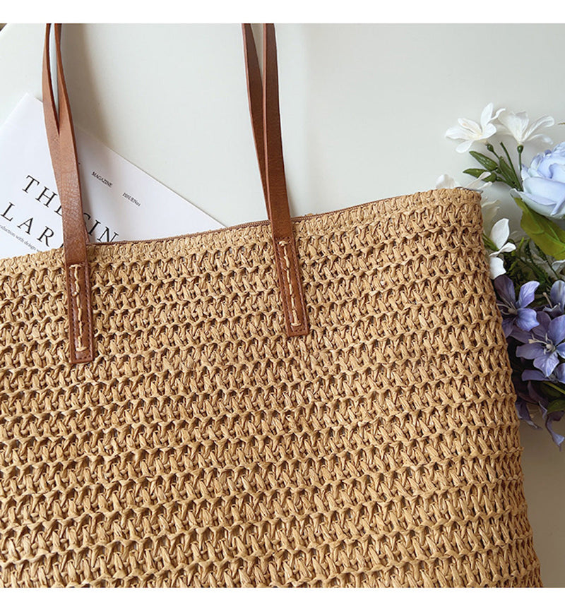 Geweven Korbtas met Leren Handvatten – SummerBreeze Tote