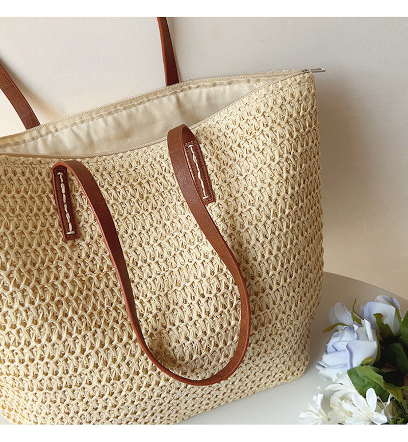 Geweven Korbtas met Leren Handvatten – SummerBreeze Tote
