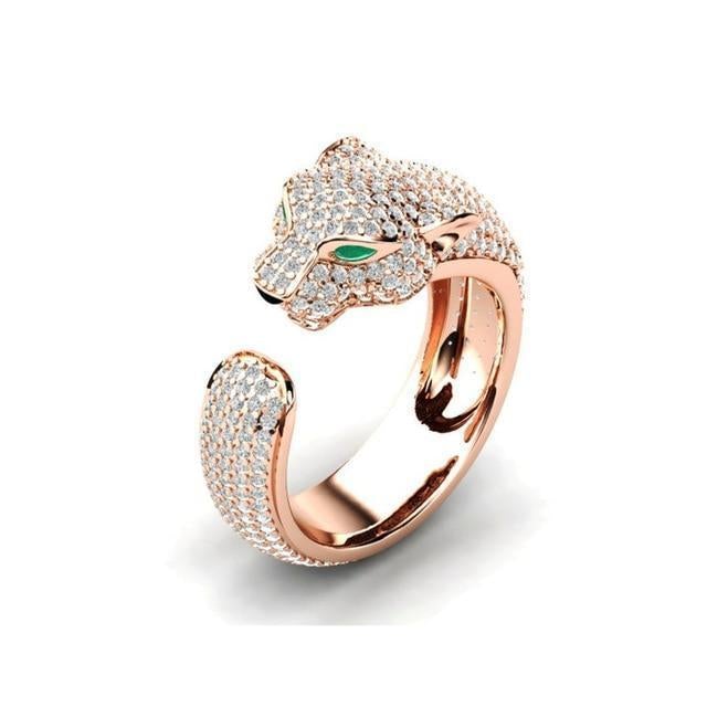 Verstelbare Ring in 18K Zilver en Roségoud met Groene Zirkonia-Ogen – Jaguar Ring