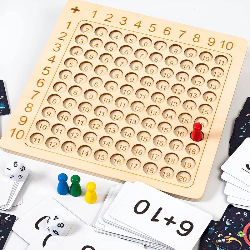 Leer spel Houten bord voor vermenigvuldiging 1–10 met kaarten & dobbelstenen