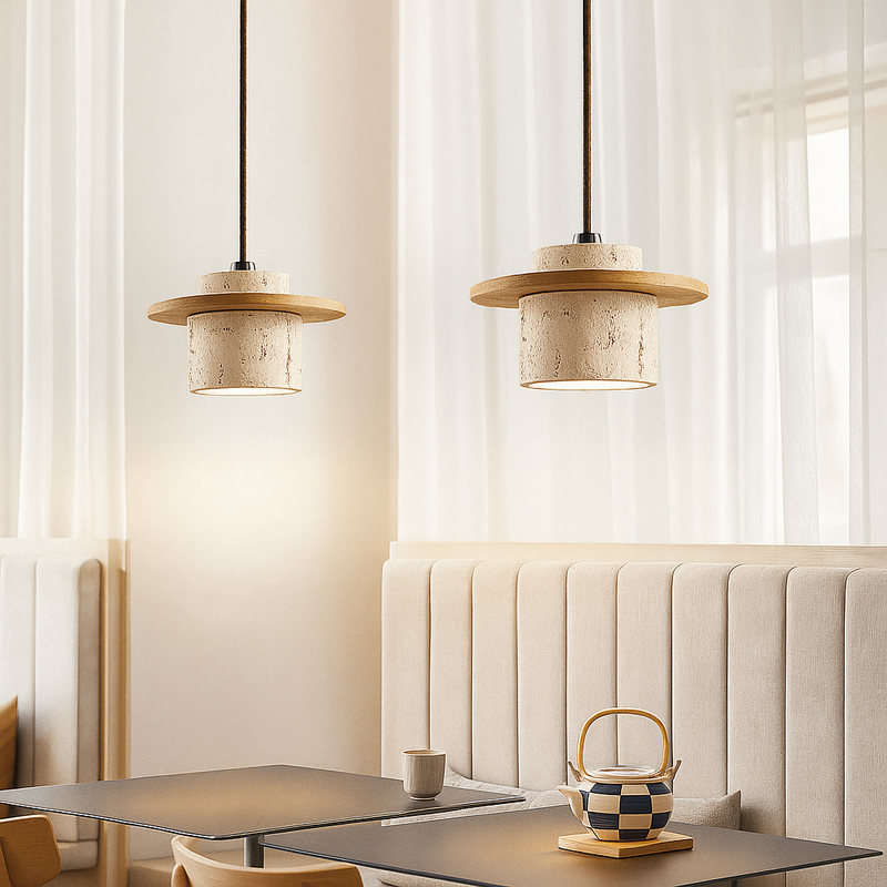 Hanglamp – Travertin & Hout | Retro Stijl | LED Geschikt