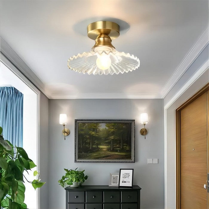 Geribbelde Glazen Plafondlamp – Vintage Bloemige Semi-Flush Mount Lamp