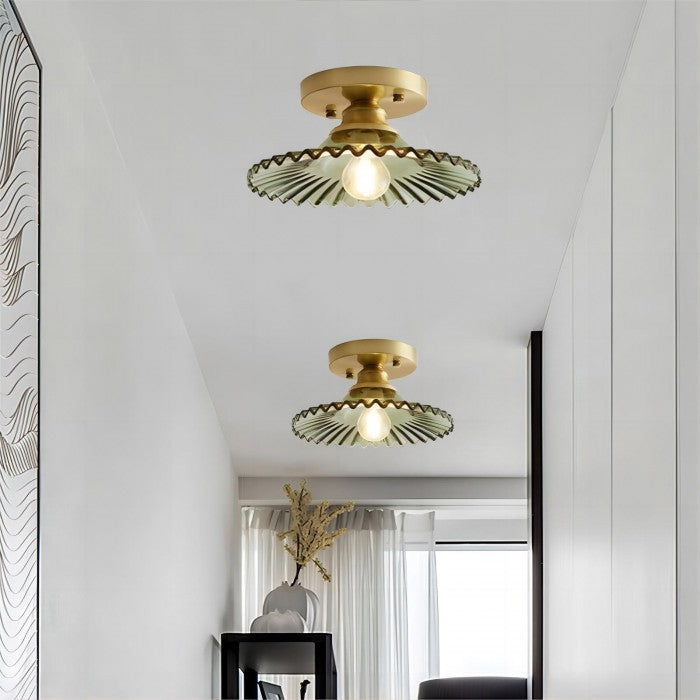 Geribbelde Glazen Plafondlamp – Vintage Bloemige Semi-Flush Mount Lamp