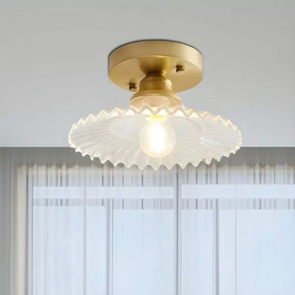 Geribbelde Glazen Plafondlamp – Vintage Bloemige Semi-Flush Mount Lamp