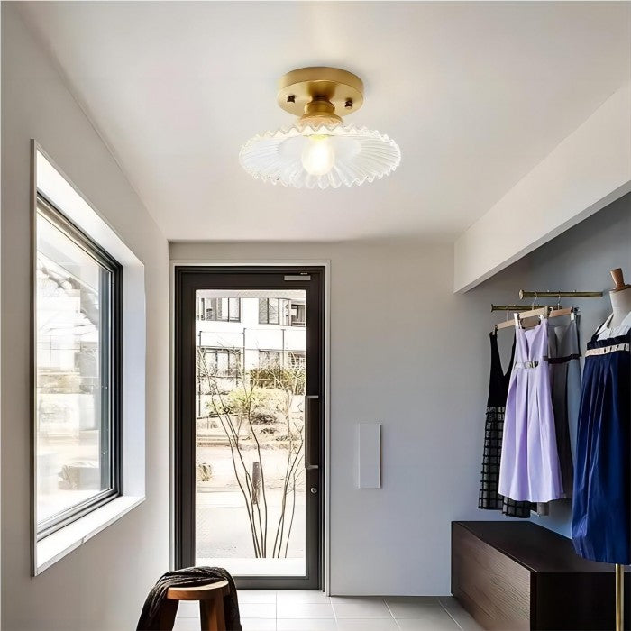 Geribbelde Glazen Plafondlamp – Vintage Bloemige Semi-Flush Mount Lamp