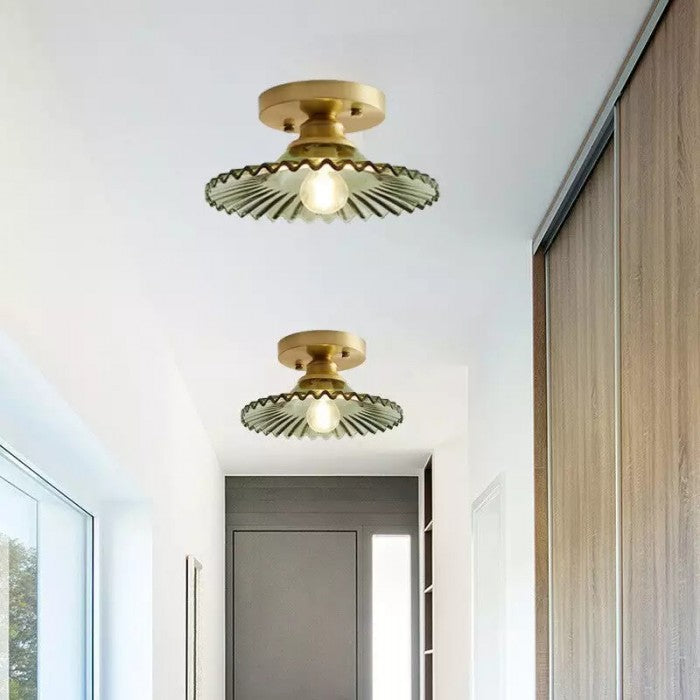 Geribbelde Glazen Plafondlamp – Vintage Bloemige Semi-Flush Mount Lamp